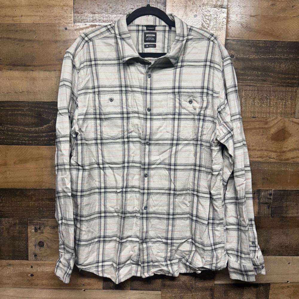 Prana Mens Plaid Flannel Shirt Standard Fit XL Long Sleeve Button Up Beige